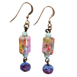 Vtg Millefiori Glass Bead Drop Earrings Dangle Gold Filled Hooks Floral Pattern